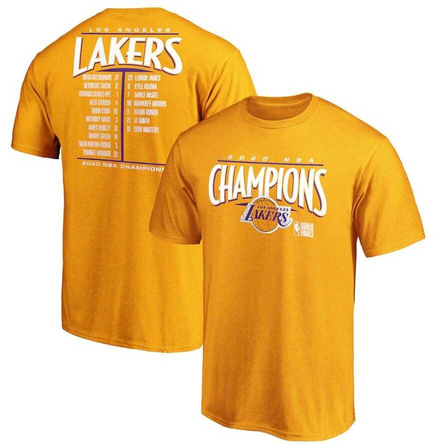 Men's Los Angeles Lakers Gold 2020 NBA Finals Champions Streaking Dunk Roster T-Shirt,We sell and wholesale Men's Los Angeles Lakers Gold 2020 NBA Finals Champions Streaking Dunk Roster T-Shirt on line form chian!